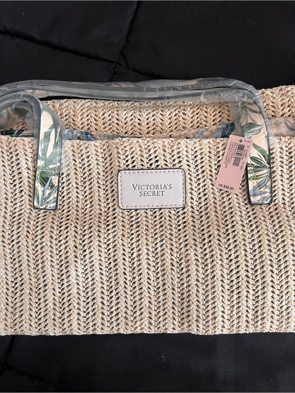 Victoria's Secret Cream Woven Tote with Tropical-Print Handles